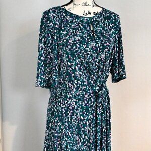 London Times Women's Dress Sz 14 Teal Print Fit & Flare Midi Tie Front Jersey